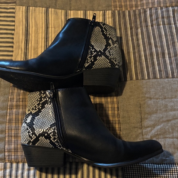 Shoes - Black Ankle Boots with Snake-Print Heel Panel - Women's